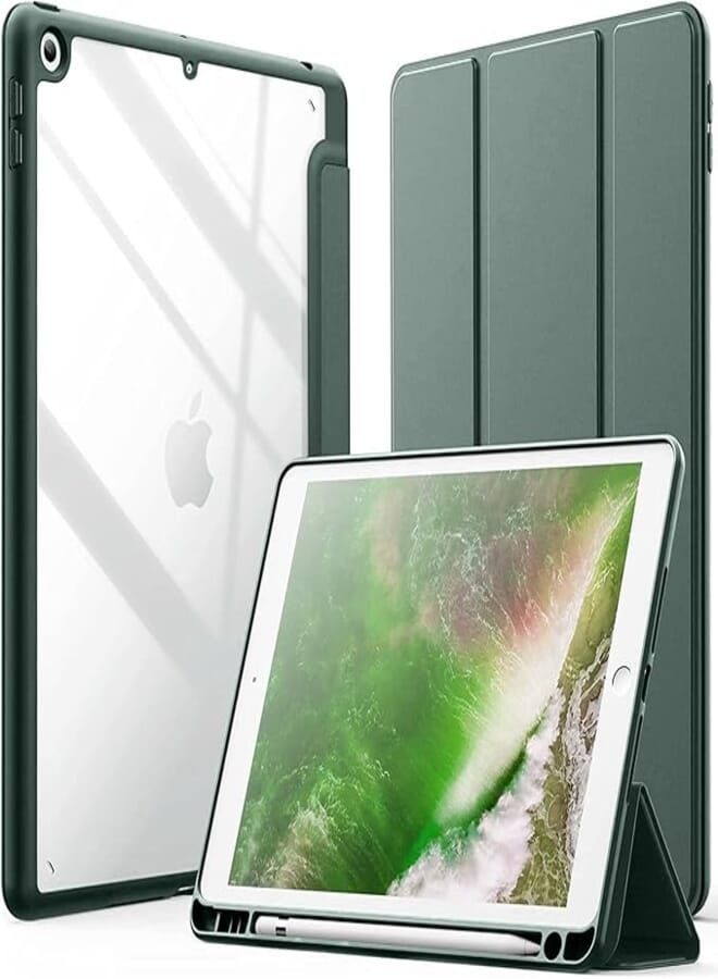 ProElite Smart Flip Case Cover for Apple iPad 9.7 inch 2018/2017 5th 6th Generation, Clear Soft Back with Pencil Holder, Dark Green